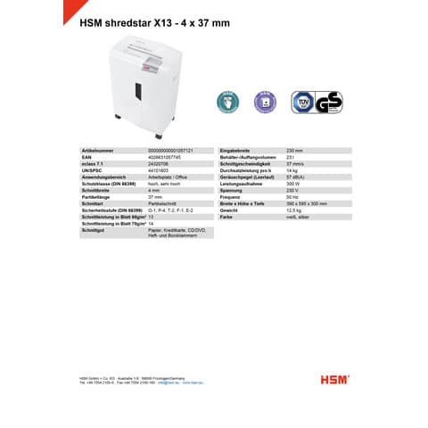 Distruggidocumenti uso moderato HSM SHREDSTAR X13 - P-4 - 23 L - taglio a frammenti 4x37 mm bianco/argento 1057121